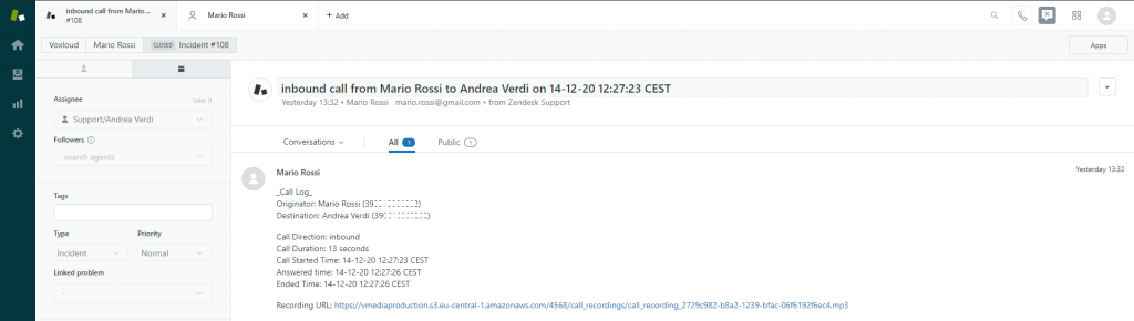 Zendesk Support voxloud integration